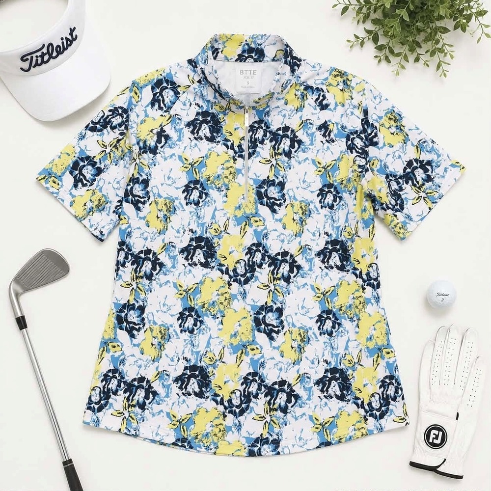 Bette & Court Women's Floral Golf Polo Shirt Size Small Blue Yellow 1/4 Zip